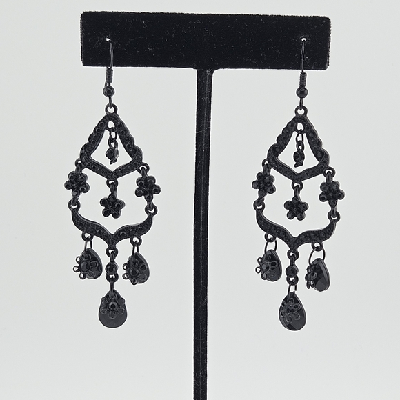 Chandelier jet black rhinestone earrings - Picture 2 of 7